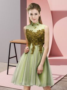 Yellow Green Sleeveless Knee Length Appliques Lace Up Dama Dress for Quinceanera