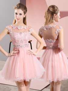 Deluxe Baby Pink A-line Tulle Scoop Sleeveless Beading and Lace Knee Length Side Zipper Quinceanera Court of Honor Dress