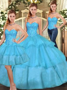 Designer Floor Length Three Pieces Sleeveless Aqua Blue Ball Gown Prom Dress Lace Up