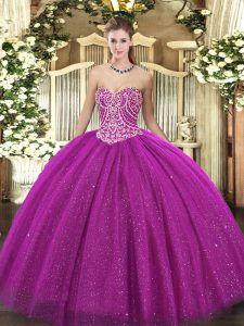 Traditional Fuchsia Lace Up Sweetheart Beading 15 Quinceanera Dress Tulle Sleeveless