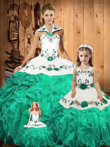 Green Tulle Lace Up 15 Quinceanera Dress Sleeveless Floor Length Embroidery and Ruffles