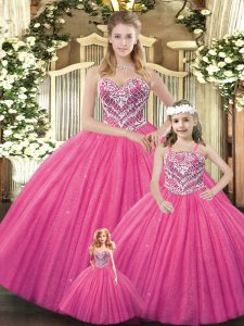 Elegant Hot Pink Tulle Lace Up Quince Ball Gowns Sleeveless Floor Length Beading