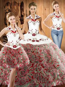 Multi-color Three Pieces Fabric With Rolling Flowers Halter Top Sleeveless Embroidery Lace Up Ball Gown Prom Dress Sweep Train