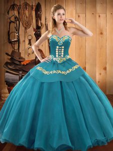 Glamorous Teal Tulle Lace Up Quinceanera Dresses Sleeveless Floor Length Embroidery