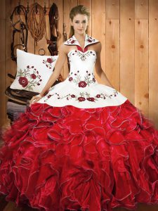 Designer White And Red Sweet 16 Dress Military Ball and Sweet 16 and Quinceanera with Embroidery and Ruffles Halter Top Sleeveless Lace Up