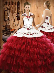 Sleeveless Embroidery and Ruffled Layers Lace Up Quince Ball Gowns