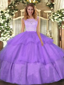 Scoop Sleeveless Clasp Handle Ball Gown Prom Dress Lavender Organza