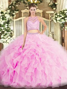 Lilac Backless 15 Quinceanera Dress Beading and Ruffles Sleeveless Floor Length