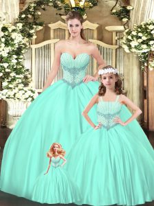 Aqua Blue Sleeveless Floor Length Beading Lace Up Quince Ball Gowns