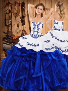 High Quality Royal Blue Sleeveless Embroidery and Ruffles Floor Length Ball Gown Prom Dress