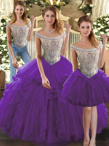 Hot Selling Purple Sleeveless Floor Length Beading and Ruffles Lace Up Quinceanera Dresses