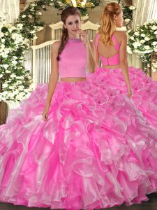 Rose Pink Sleeveless Beading and Ruffles Floor Length Quince Ball Gowns