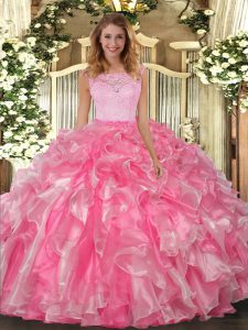 Scoop Sleeveless Quince Ball Gowns Floor Length Lace and Ruffles Hot Pink Organza