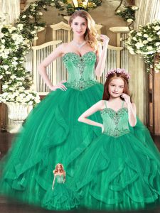 Custom Made Green Ball Gowns Sweetheart Sleeveless Tulle Floor Length Lace Up Beading and Ruffles Ball Gown Prom Dress
