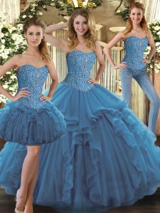 Floor Length Lace Up Vestidos de Quinceanera Teal for Military Ball and Sweet 16 and Quinceanera with Beading and Ruffles
