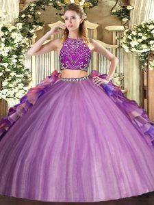 High Class Multi-color Two Pieces Tulle High-neck Sleeveless Beading and Ruffles Floor Length Zipper Quinceanera Gowns