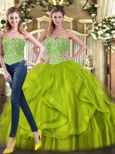 Flirting Olive Green Sweetheart Lace Up Beading and Ruffles Quinceanera Dresses Sleeveless