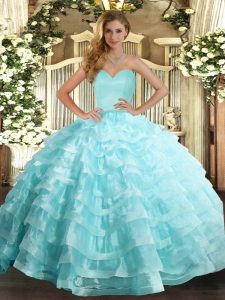 Sweetheart Sleeveless Quinceanera Gowns Floor Length Ruffled Layers Apple Green Organza