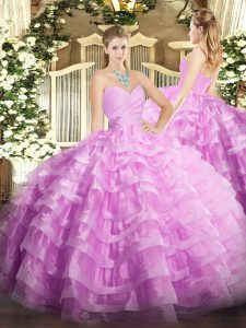 Lilac Organza Lace Up Sweetheart Sleeveless Floor Length Sweet 16 Dresses Beading and Ruffled Layers