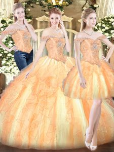 Affordable Gold 15th Birthday Dress Military Ball and Sweet 16 and Quinceanera with Ruffles Off The Shoulder Sleeveless Lace Up