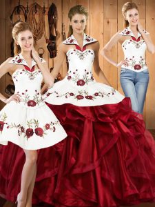 Floor Length Lace Up Sweet 16 Dress Wine Red for Military Ball and Sweet 16 and Quinceanera with Embroidery and Ruffles