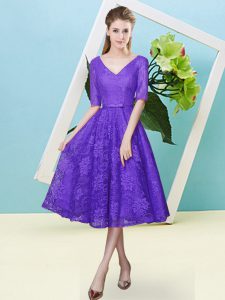 Vintage Purple Empire Bowknot Dama Dress for Quinceanera Lace Up Lace Half Sleeves Tea Length