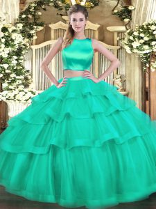 Unique Floor Length Criss Cross Sweet 16 Quinceanera Dress Turquoise for Military Ball and Sweet 16 and Quinceanera with Ruffled Layers