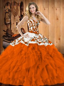 Fashion Sleeveless Floor Length Embroidery and Ruffles Lace Up Quinceanera Gowns with Rust Red