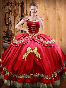 Cheap Sleeveless Floor Length Beading and Embroidery Lace Up 15 Quinceanera Dress with Red