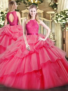 Coral Red Organza Zipper Scoop Sleeveless Floor Length Sweet 16 Dresses Lace and Ruffled Layers