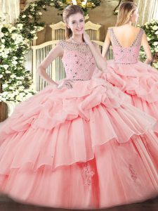 Floor Length Zipper 15 Quinceanera Dress Baby Pink for Military Ball and Sweet 16 and Quinceanera with Beading and Ruffles and Pick Ups