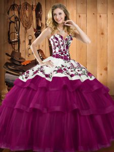 Spectacular Floor Length Fuchsia Sweet 16 Dresses Organza Sleeveless Embroidery