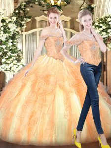 Superior Gold Off The Shoulder Neckline Beading and Ruffles Quinceanera Gowns Sleeveless Lace Up