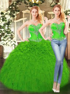 Beautiful Green Ball Gowns Sweetheart Sleeveless Organza Floor Length Lace Up Beading and Ruffles Quinceanera Gown