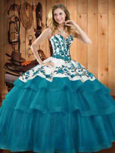 Teal Organza Lace Up Sweetheart Sleeveless Vestidos de Quinceanera Sweep Train Embroidery