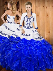 Floor Length Blue And White Quinceanera Gown Strapless Sleeveless Lace Up