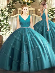 Teal Sleeveless Tulle Zipper 15th Birthday Dress for Military Ball and Sweet 16 and Quinceanera