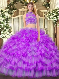 Purple Sleeveless Tulle Backless Sweet 16 Dress for Military Ball and Sweet 16 and Quinceanera and Beach