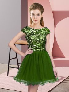 Olive Green Court Dresses for Sweet 16 Prom and Party and Wedding Party with Sequins Scoop Cap Sleeves Zipper