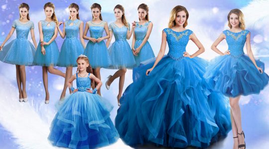 Pretty Organza Scoop Sleeveless Lace Up Beading and Ruffles Quinceanera Gown in Baby Blue