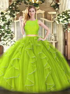 Sumptuous Yellow Green Sweet 16 Quinceanera Dress Military Ball and Sweet 16 and Quinceanera with Lace and Ruffles Scoop Sleeveless Zipper
