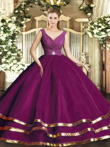 Fuchsia Ball Gowns V-neck Sleeveless Tulle Floor Length Backless Beading and Ruffled Layers and Ruching Quinceanera Gowns