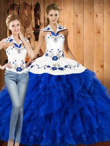 Nice Floor Length Three Pieces Sleeveless Blue And White 15th Birthday Dress Lace Up