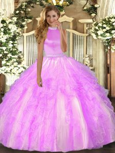 Popular Floor Length Backless Quinceanera Dresses Lilac for Military Ball and Sweet 16 and Quinceanera with Beading and Ruffles