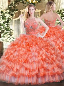 Clearance Floor Length Zipper Quinceanera Gowns Orange for Military Ball and Sweet 16 and Quinceanera with Beading and Ruffled Layers