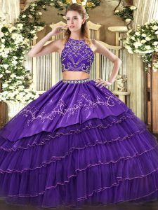 Floor Length Purple Vestidos de Quinceanera Tulle Sleeveless Beading and Embroidery and Ruffled Layers