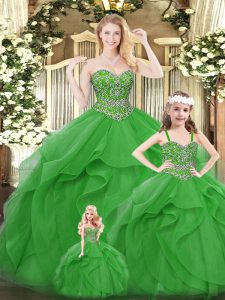 Green Ball Gowns Beading and Ruffles Sweet 16 Dress Lace Up Organza Sleeveless Floor Length