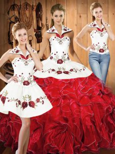Wonderful Sleeveless Floor Length Embroidery and Ruffles Lace Up 15 Quinceanera Dress with White And Red