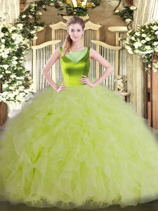 Floor Length Yellow Green Sweet 16 Dresses Organza Sleeveless Beading and Ruffles