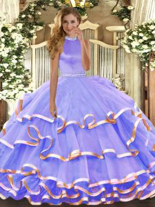 Custom Designed Halter Top Sleeveless Organza Quinceanera Gown Beading and Ruffled Layers Backless